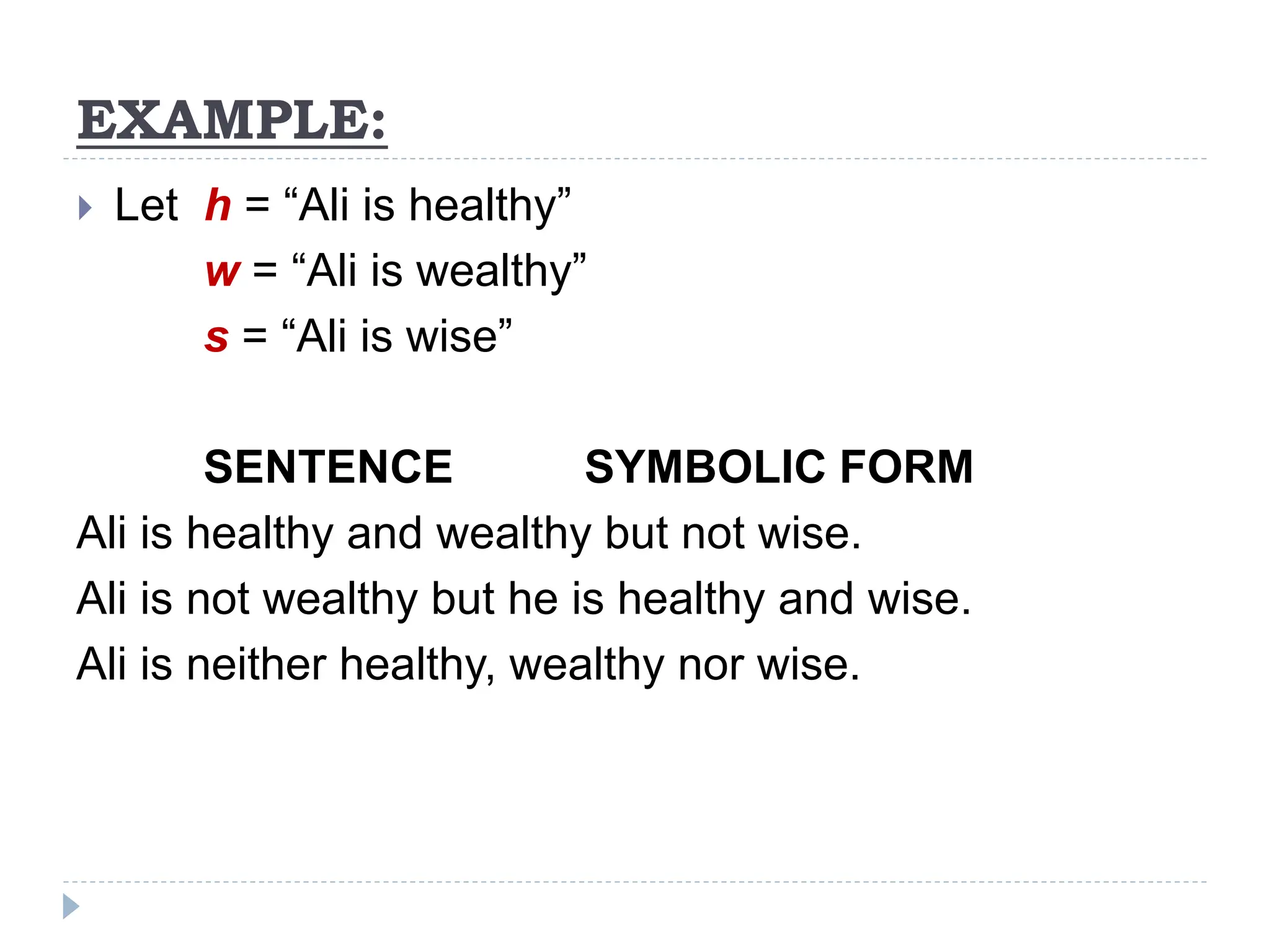 EXAMPLE:
 Let h = “Ali is healthy”
w = “Ali is wealthy”
s = “Ali is wise”
SENTENCE SYMBOLIC FORM
Ali is healthy and wealthy but not wise.
Ali is not wealthy but he is healthy and wise.
Ali is neither healthy, wealthy nor wise.
 