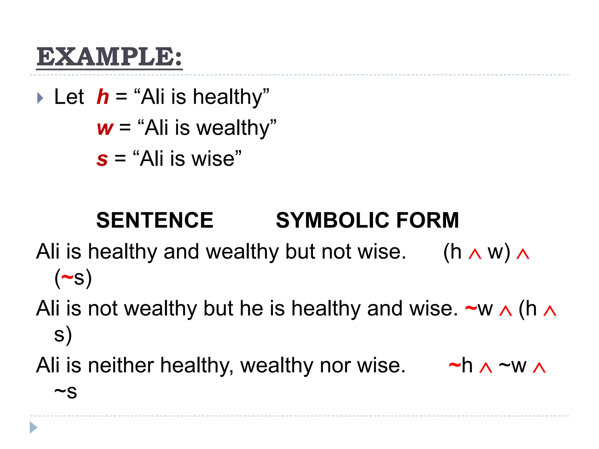 EXAMPLE:
 Let h = “Ali is healthy”
w = “Ali is wealthy”
s = “Ali is wise”
SENTENCE SYMBOLIC FORM
Ali is healthy and wealthy but not wise. (h  w) 
(~s)
Ali is not wealthy but he is healthy and wise. ~w  (h 
s)
Ali is neither healthy, wealthy nor wise. ~h  ~w 
~s
 