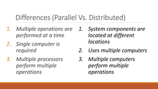 Differences (Parallel Vs. Distributed)
1. Multiple operations are
performed at a time
2. Single computer is
required
3. Multiple processors
perform multiple
operations
1. System components are
located at different
locations
2. Uses multiple computers
3. Multiple computers
perform multiple
operations
 