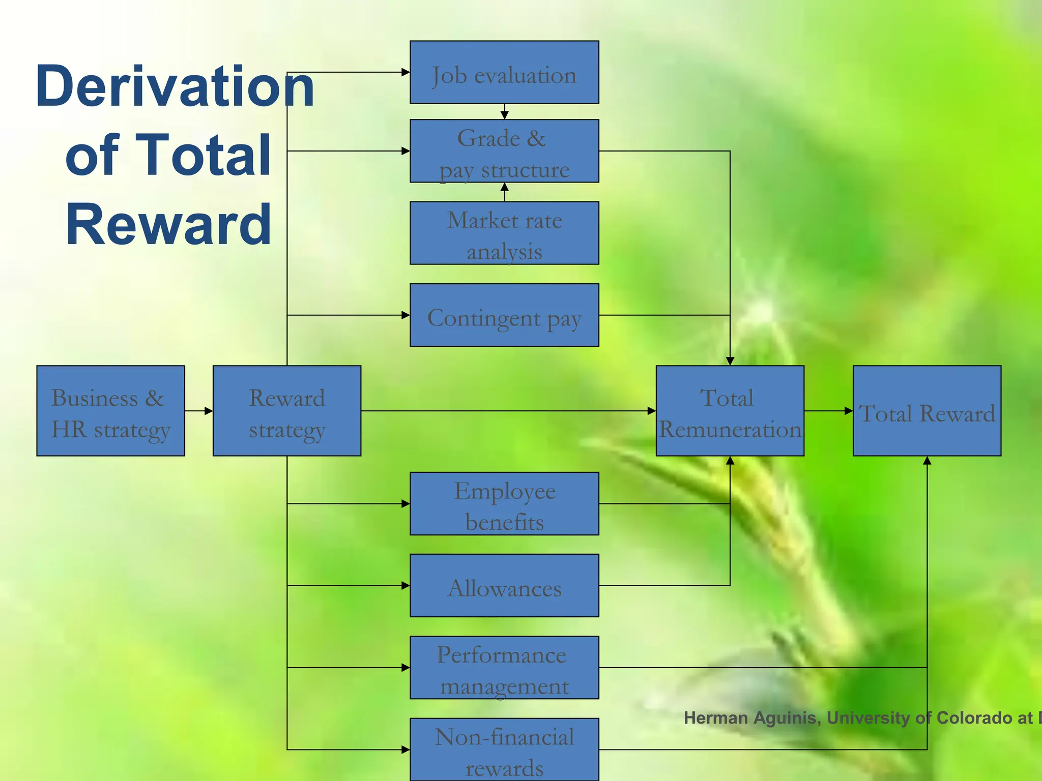 Herman Aguinis, University of Colorado at D
Business &
HR strategy
Reward
strategy
Total Reward
Total
Remuneration
Job evaluation
Grade &
pay structure
Market rate
analysis
Contingent pay
Employee
benefits
Non-financial
rewards
Allowances
Performance
management
Derivation
of Total
Reward
 