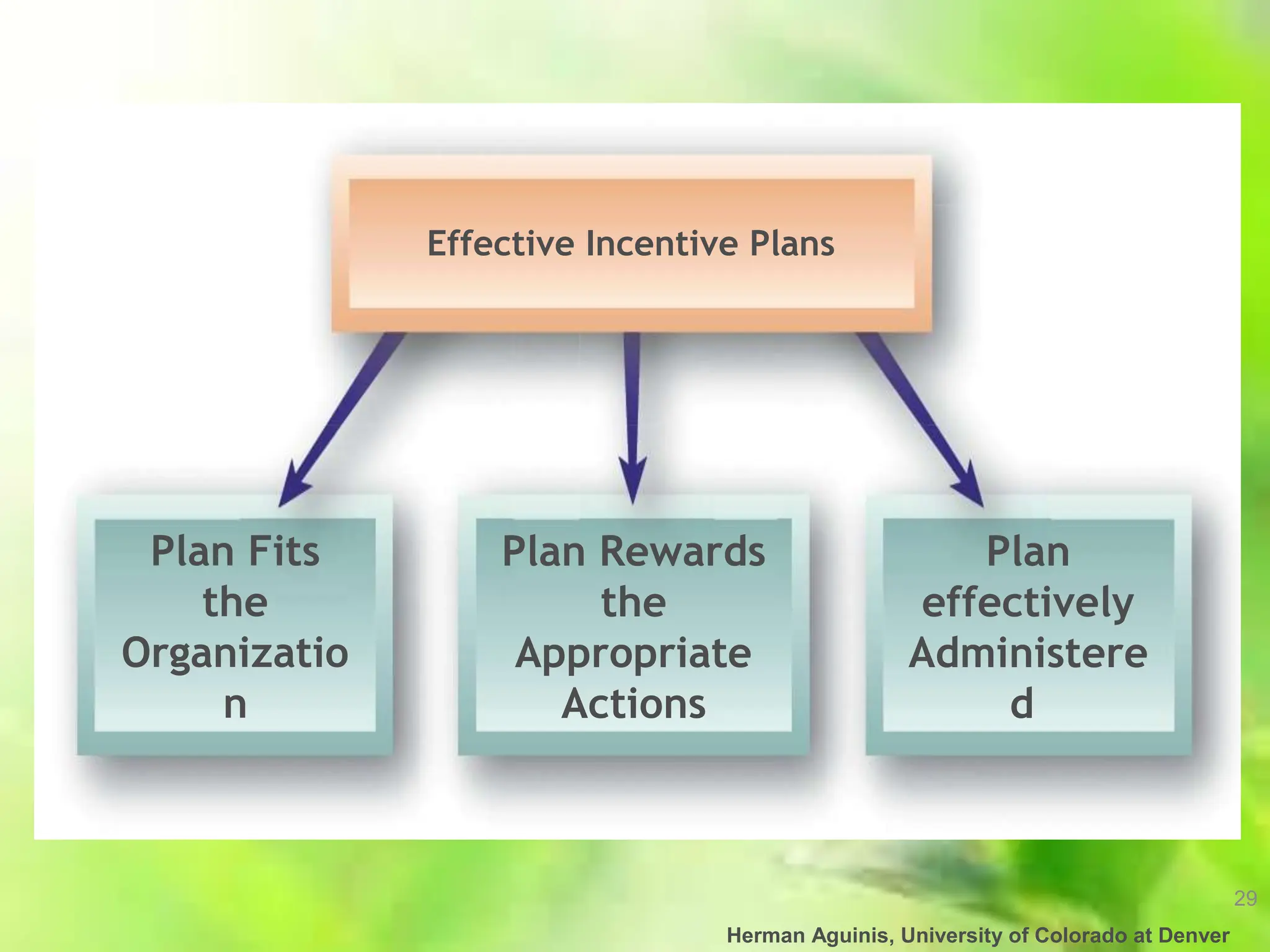 29
Herman Aguinis, University of Colorado at Denver
Effective Incentive Plans
Plan Fits
the
Organizatio
n
Plan Rewards
the
Appropriate
Actions
Plan
effectively
Administere
d
 