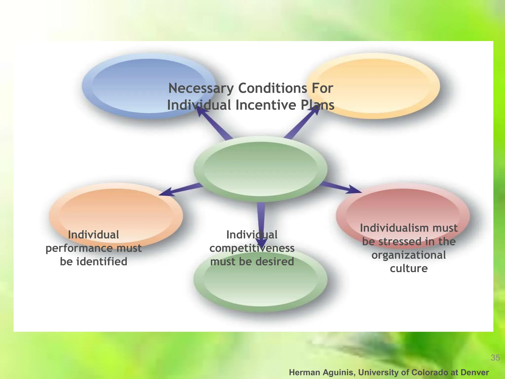 35
Herman Aguinis, University of Colorado at Denver
Necessary Conditions For
Individual Incentive Plans
Individual
performance must
be identified
Individual
competitiveness
must be desired
Individualism must
be stressed in the
organizational
culture
 