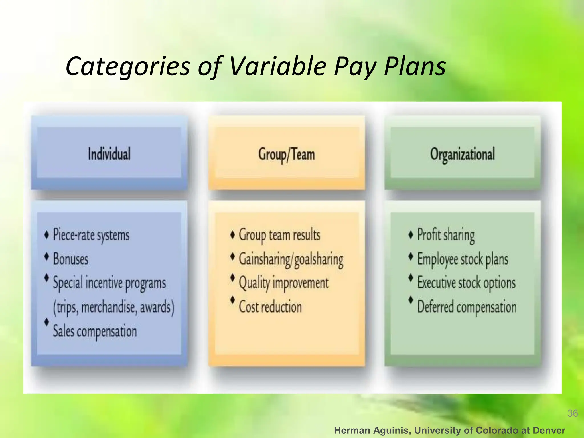 36
Herman Aguinis, University of Colorado at Denver
Categories of Variable Pay Plans
 
