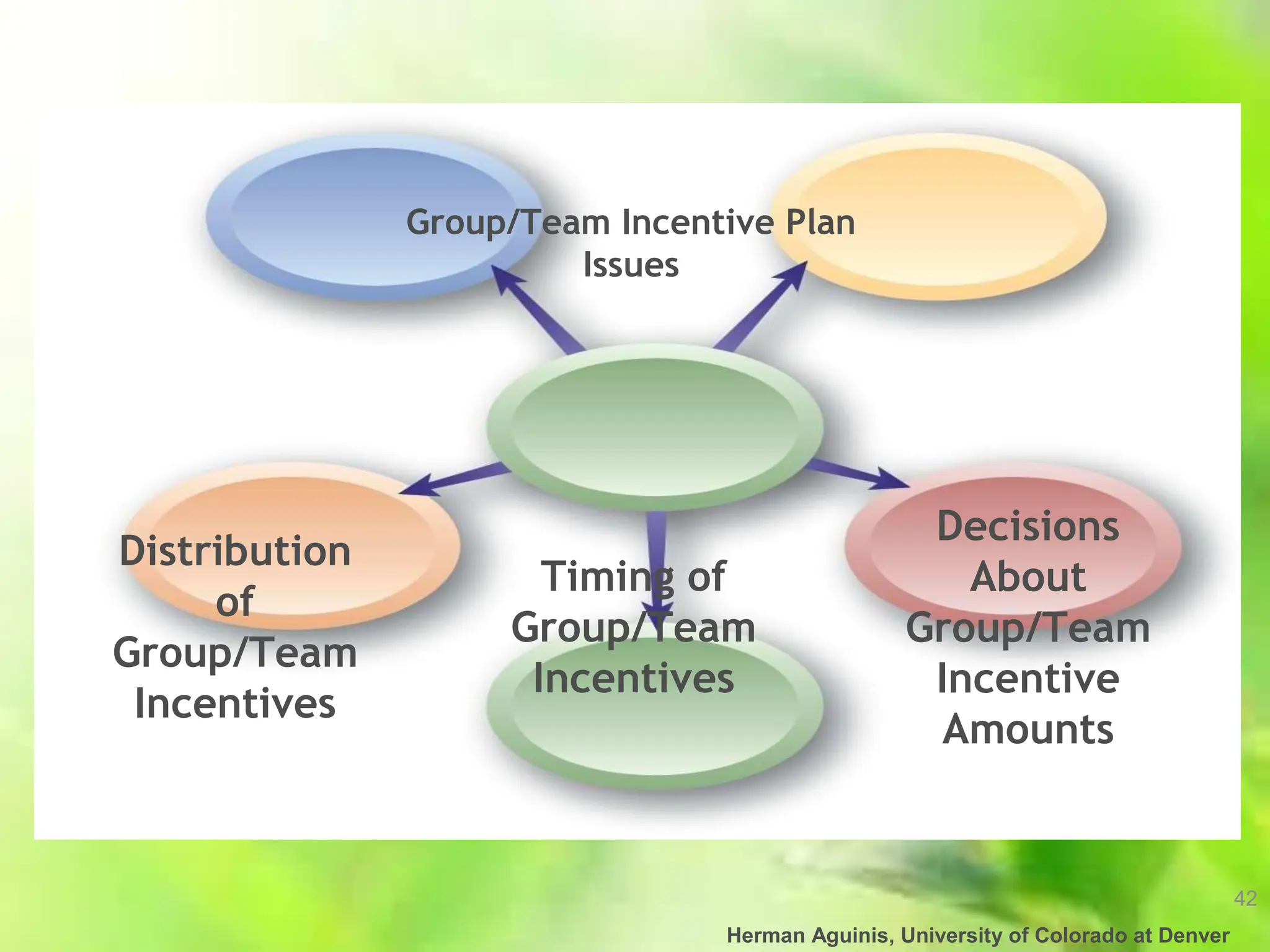 42
Herman Aguinis, University of Colorado at Denver
Group/Team Incentive Plan
Issues
Distribution
of
Group/Team
Incentives
Timing of
Group/Team
Incentives
Decisions
About
Group/Team
Incentive
Amounts
 