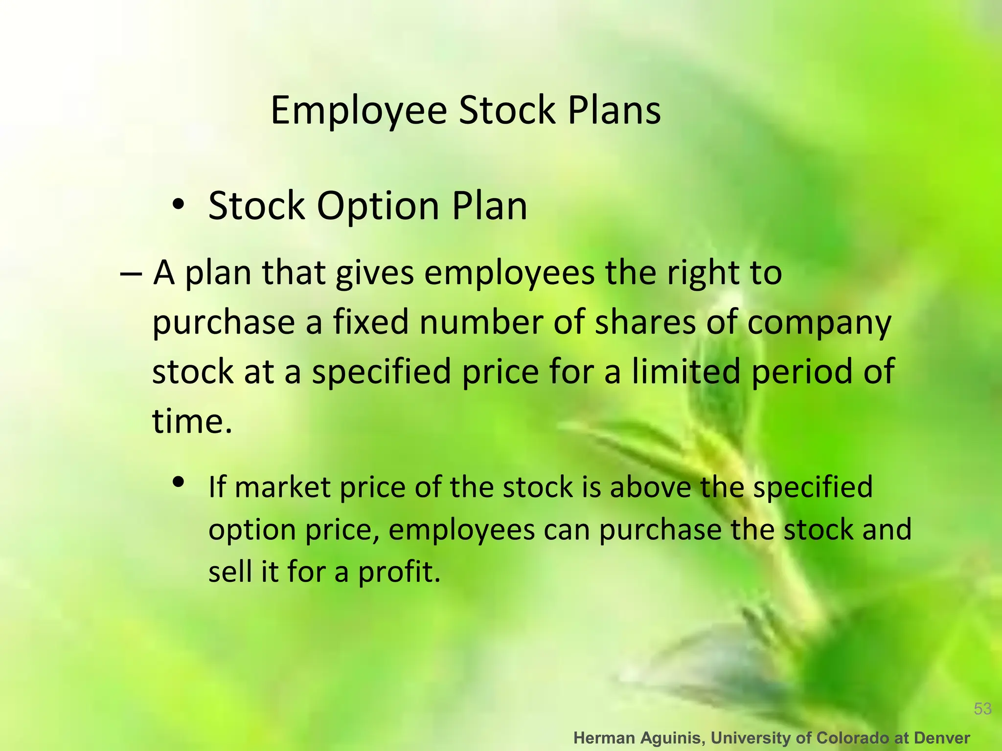 53
Herman Aguinis, University of Colorado at Denver
Employee Stock Plans
• Stock Option Plan
– A plan that gives employees the right to
purchase a fixed number of shares of company
stock at a specified price for a limited period of
time.
• If market price of the stock is above the specified
option price, employees can purchase the stock and
sell it for a profit.
 