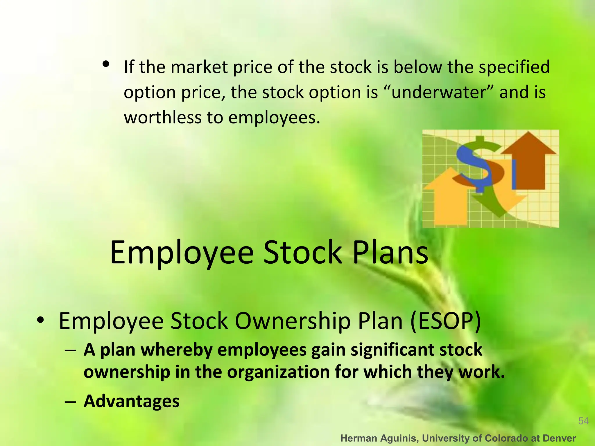 54
Herman Aguinis, University of Colorado at Denver
• If the market price of the stock is below the specified
option price, the stock option is “underwater” and is
worthless to employees.
Employee Stock Plans
• Employee Stock Ownership Plan (ESOP)
– A plan whereby employees gain significant stock
ownership in the organization for which they work.
– Advantages
 