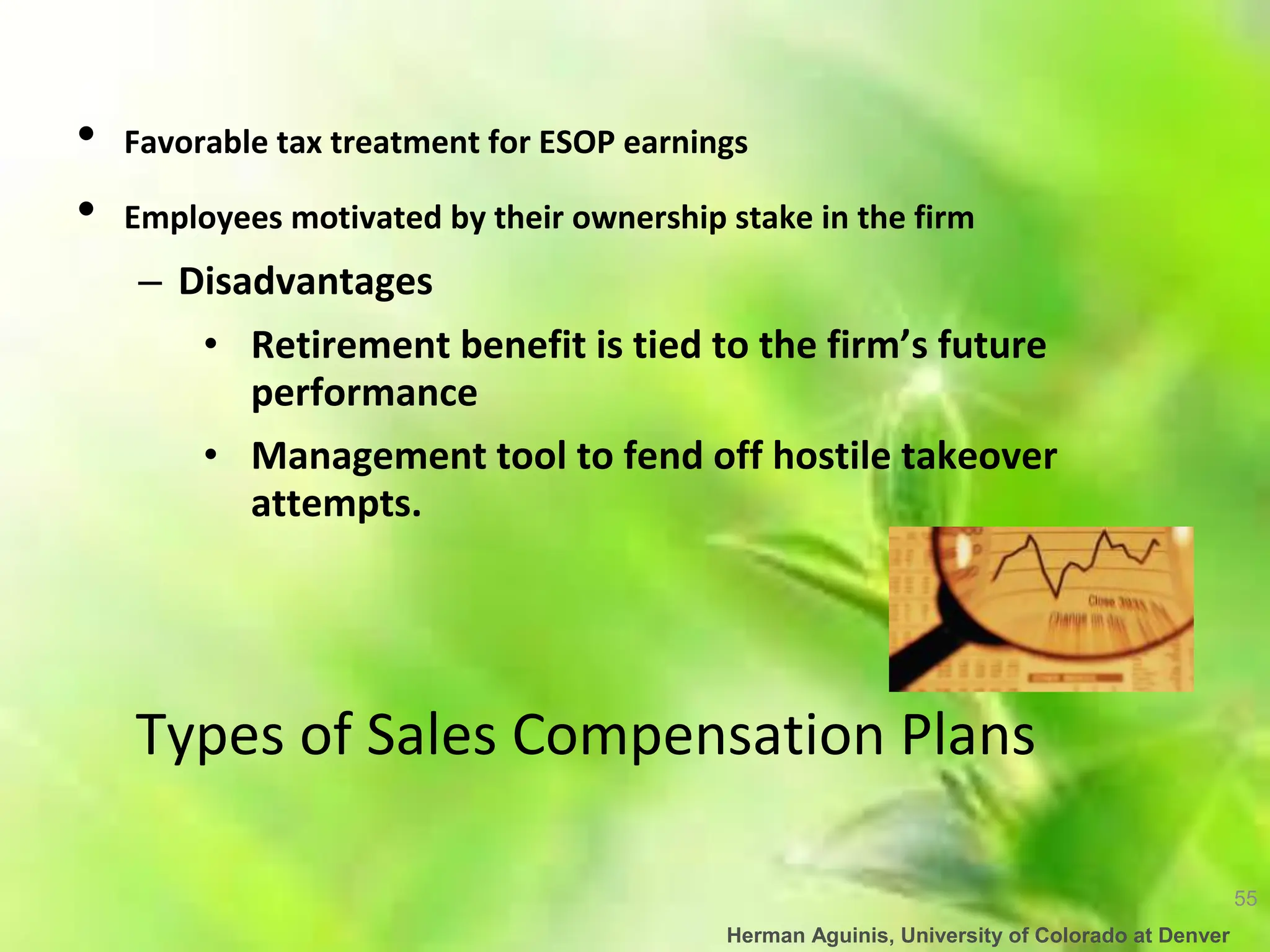 55
Herman Aguinis, University of Colorado at Denver
• Favorable tax treatment for ESOP earnings
• Employees motivated by their ownership stake in the firm
– Disadvantages
• Retirement benefit is tied to the firm’s future
performance
• Management tool to fend off hostile takeover
attempts.
Types of Sales Compensation Plans
 