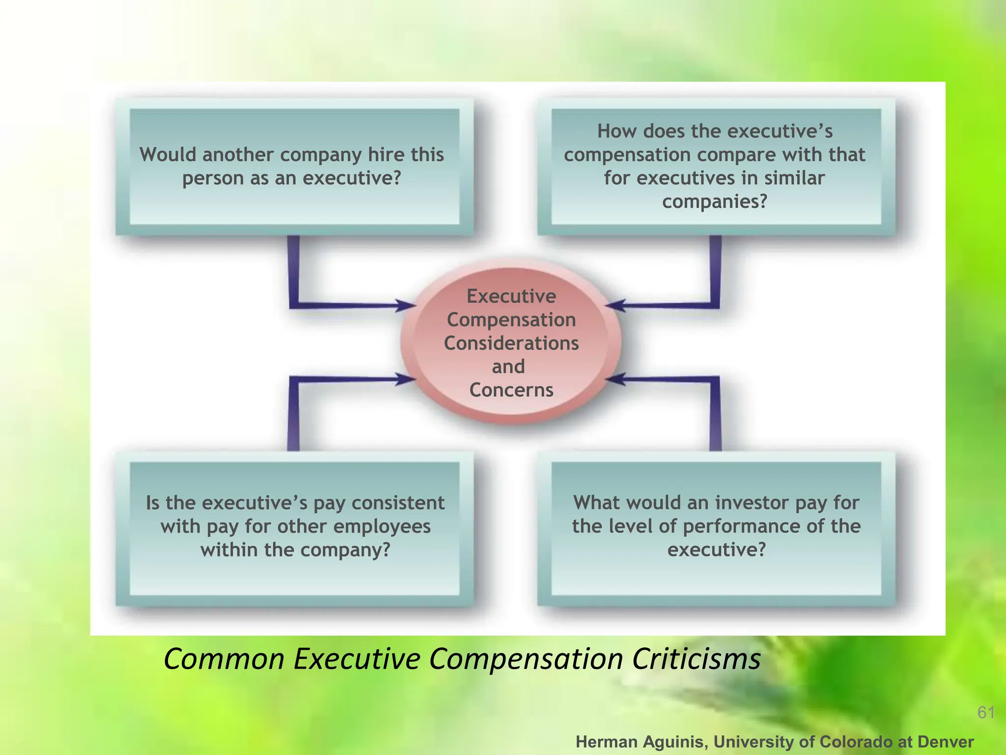 61
Herman Aguinis, University of Colorado at Denver
Common Executive Compensation Criticisms
Executive
Compensation
Considerations
and
Concerns
Would another company hire this
person as an executive?
How does the executive’s
compensation compare with that
for executives in similar
companies?
What would an investor pay for
the level of performance of the
executive?
Is the executive’s pay consistent
with pay for other employees
within the company?
 