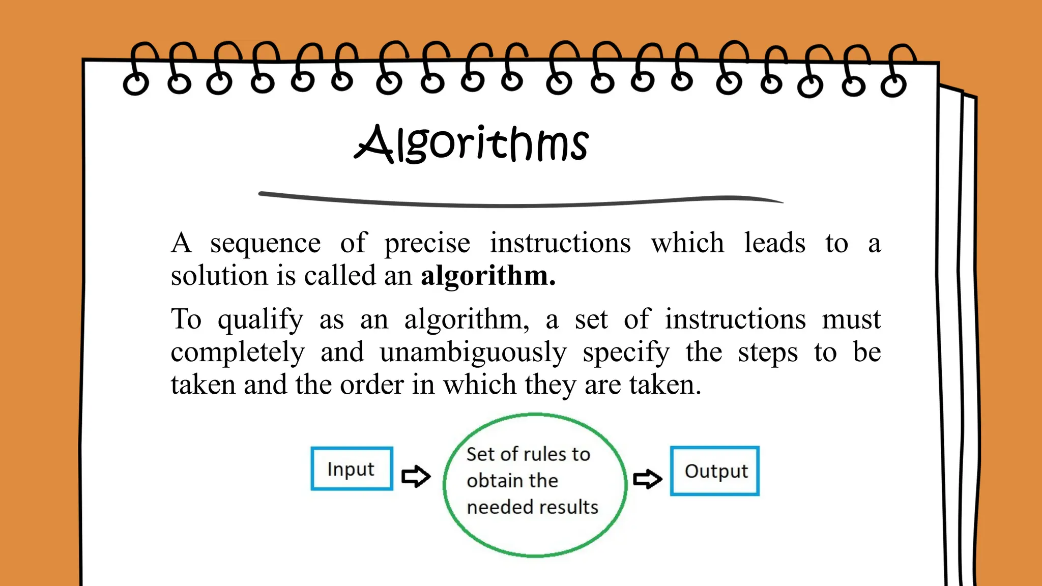 Algorithms
A sequence of precise instructions which leads to a
solution is called an algorithm.
To qualify as an algorithm, a set of instructions must
completely and unambiguously specify the steps to be
taken and the order in which they are taken.
 