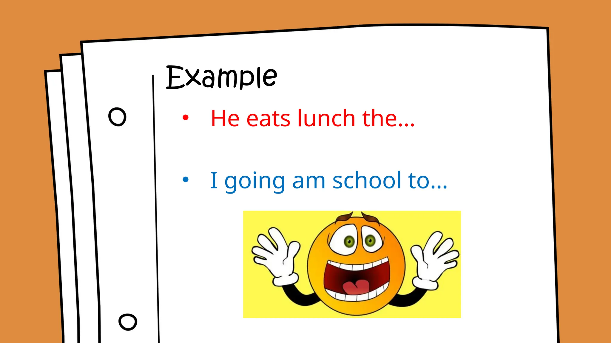 Example
• He eats lunch the…
• I going am school to…
 