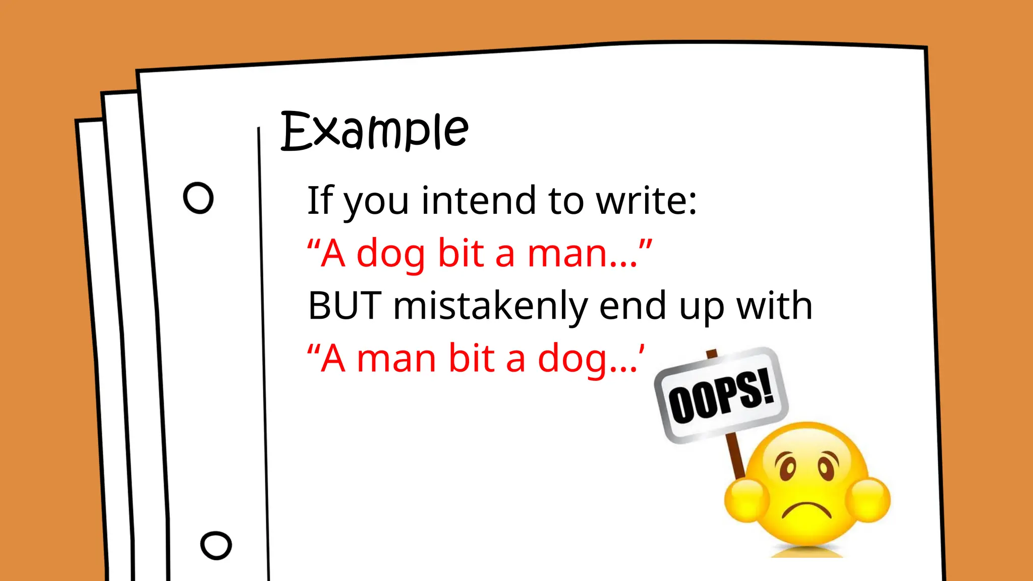 Example
If you intend to write:
“A dog bit a man…”
BUT mistakenly end up with
“A man bit a dog…”
 