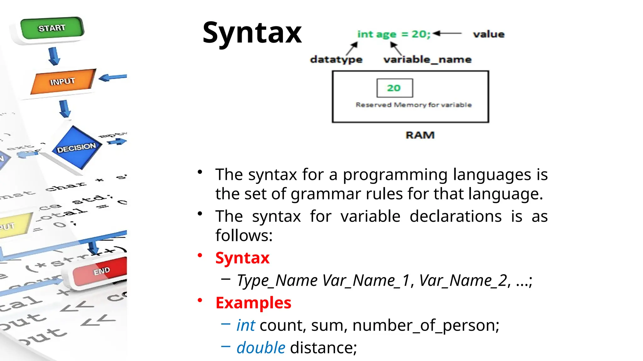 Syntax
• The syntax for a programming languages is
the set of grammar rules for that language.
• The syntax for variable declarations is as
follows:
• Syntax
– Type_Name Var_Name_1, Var_Name_2, ...;
• Examples
– int count, sum, number_of_person;
– double distance;
 