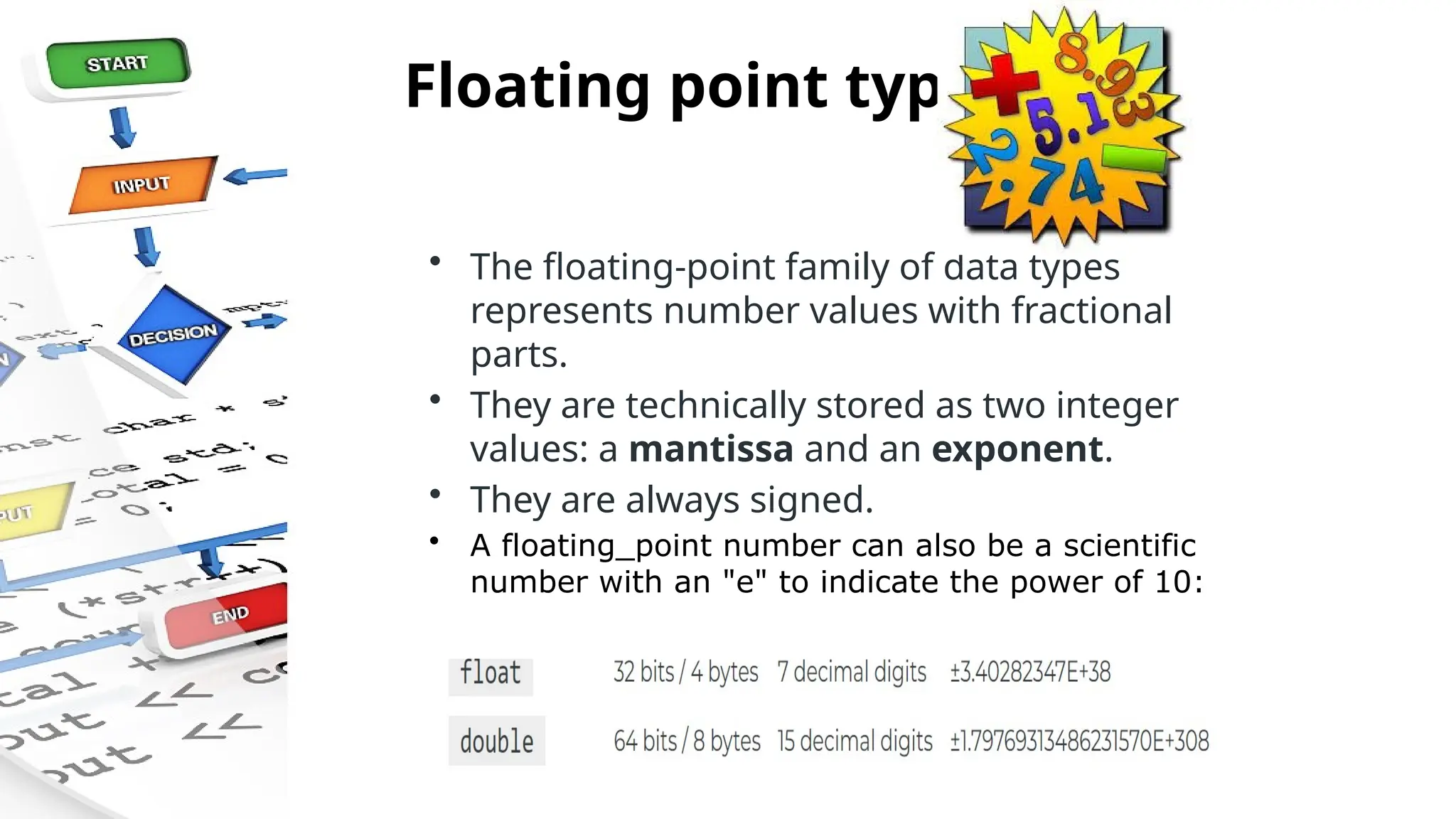 Floating point types
• The floating-point family of data types
represents number values with fractional
parts.
• They are technically stored as two integer
values: a mantissa and an exponent.
• They are always signed.
• A floating_point number can also be a scientific
number with an "e" to indicate the power of 10:
 