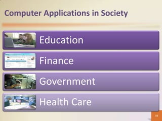 Computer Applications in Society


         Education
         Finance
         Government
         Health Care
                                   33
 