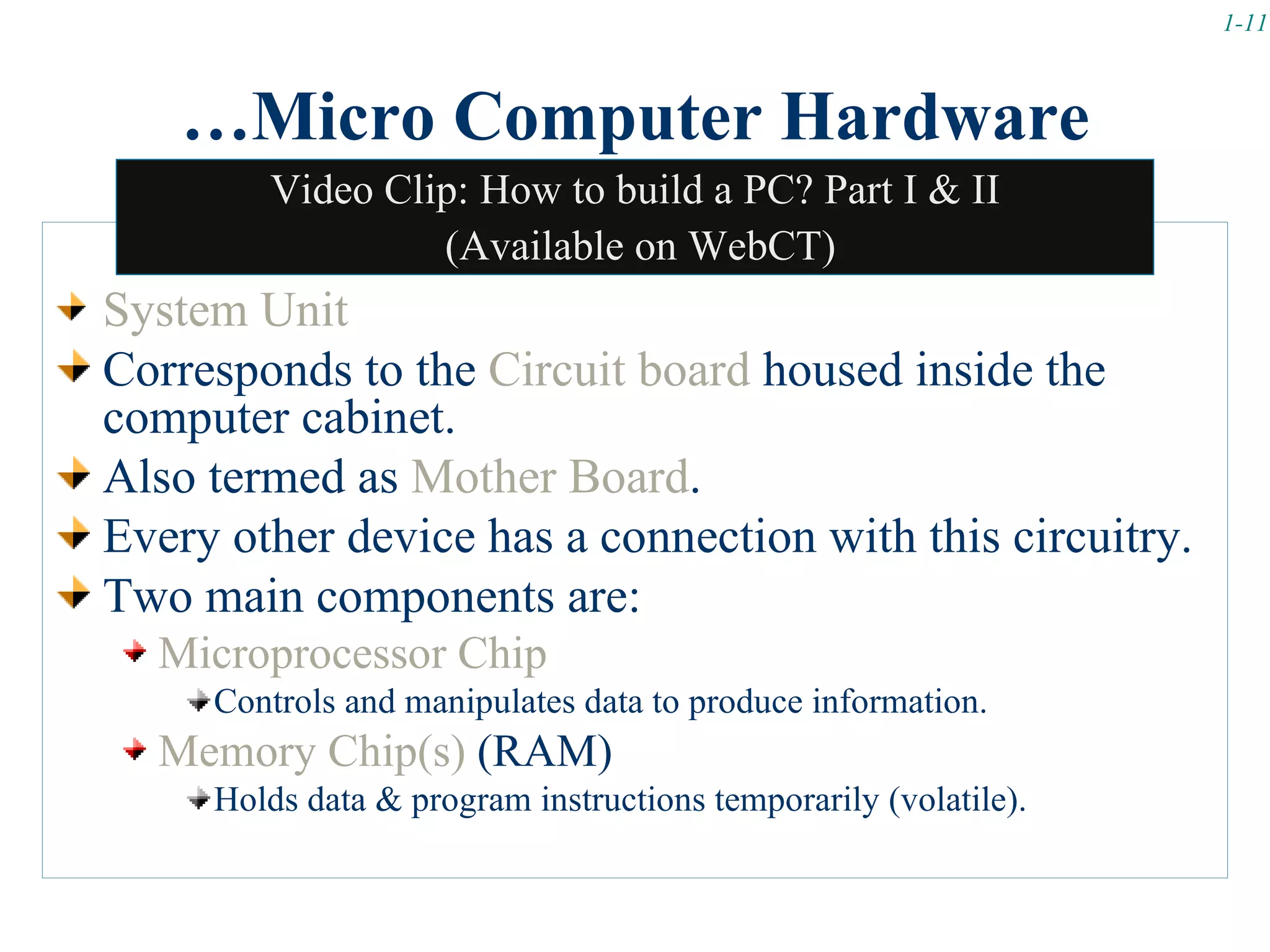 1-11



    …Micro Computer Hardware
        Video Clip: How to build a PC? Part I & II
                 (Available on WebCT)
System Unit
Corresponds to the Circuit board housed inside the
computer cabinet.
Also termed as Mother Board.
Every other device has a connection with this circuitry.
Two main components are:
  Microprocessor Chip
     Controls and manipulates data to produce information.
  Memory Chip(s) (RAM)
     Holds data & program instructions temporarily (volatile).
 
