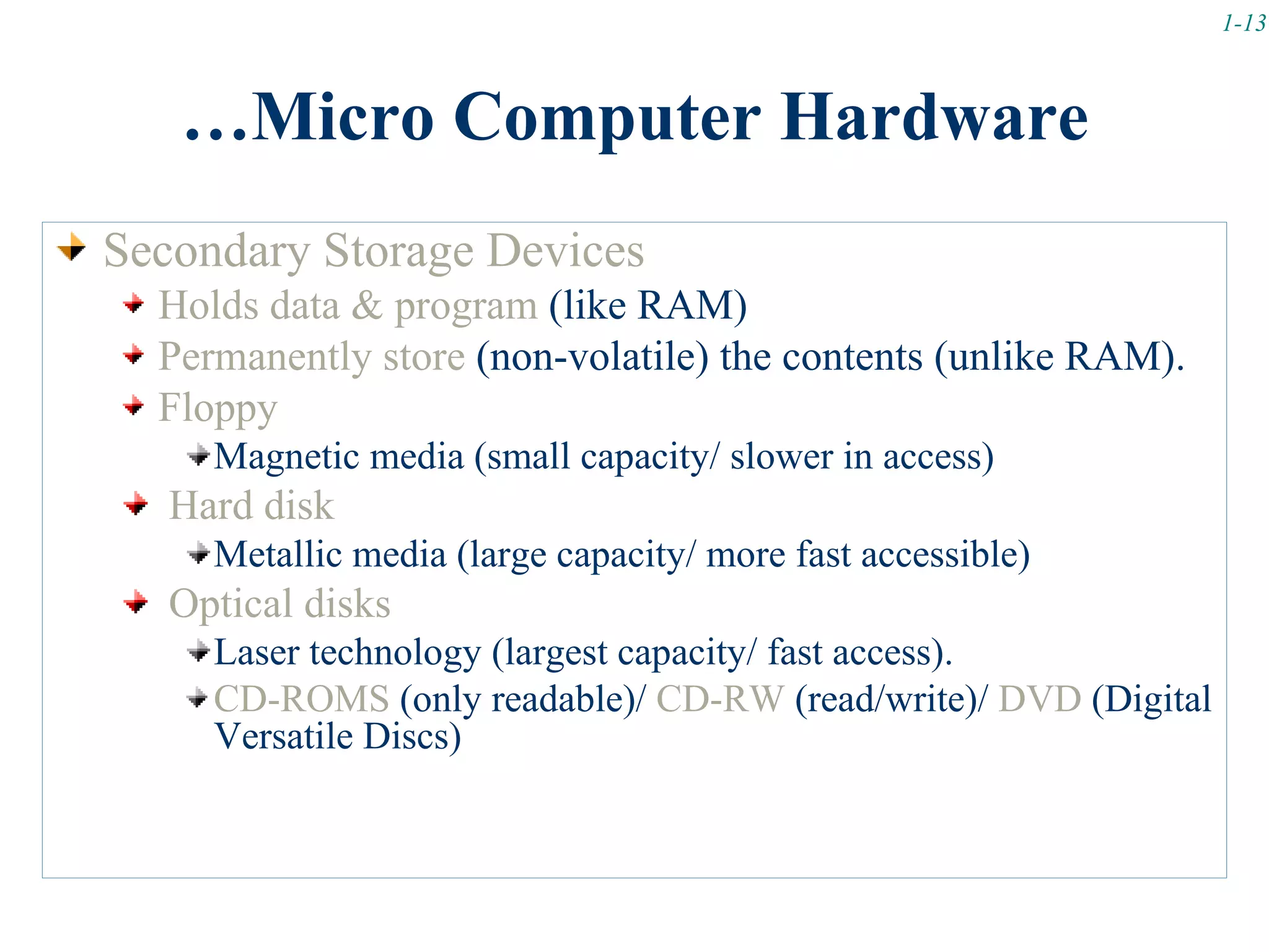1-13



   …Micro Computer Hardware
Secondary Storage Devices
  Holds data & program (like RAM)
  Permanently store (non-volatile) the contents (unlike RAM).
  Floppy
     Magnetic media (small capacity/ slower in access)
   Hard disk
     Metallic media (large capacity/ more fast accessible)
   Optical disks
     Laser technology (largest capacity/ fast access).
     CD-ROMS (only readable)/ CD-RW (read/write)/ DVD (Digital
     Versatile Discs)
 