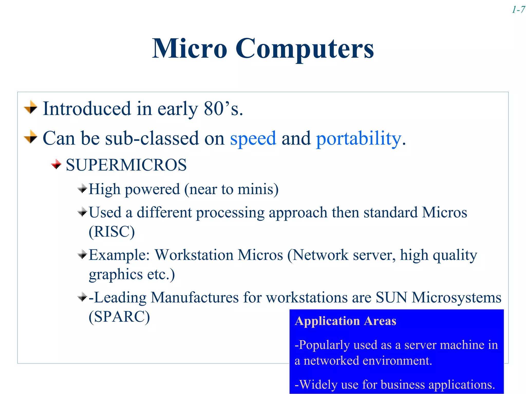 1-7



             Micro Computers
Introduced in early 80’s.
Can be sub-classed on speed and portability.
  SUPERMICROS
     High powered (near to minis)
     Used a different processing approach then standard Micros
     (RISC)
     Example: Workstation Micros (Network server, high quality
     graphics etc.)
     -Leading Manufactures for workstations are SUN Microsystems
     (SPARC)                        Application Areas
                                  -Popularly used as a server machine in
                                  a networked environment.
                                  -Widely use for business applications.
 