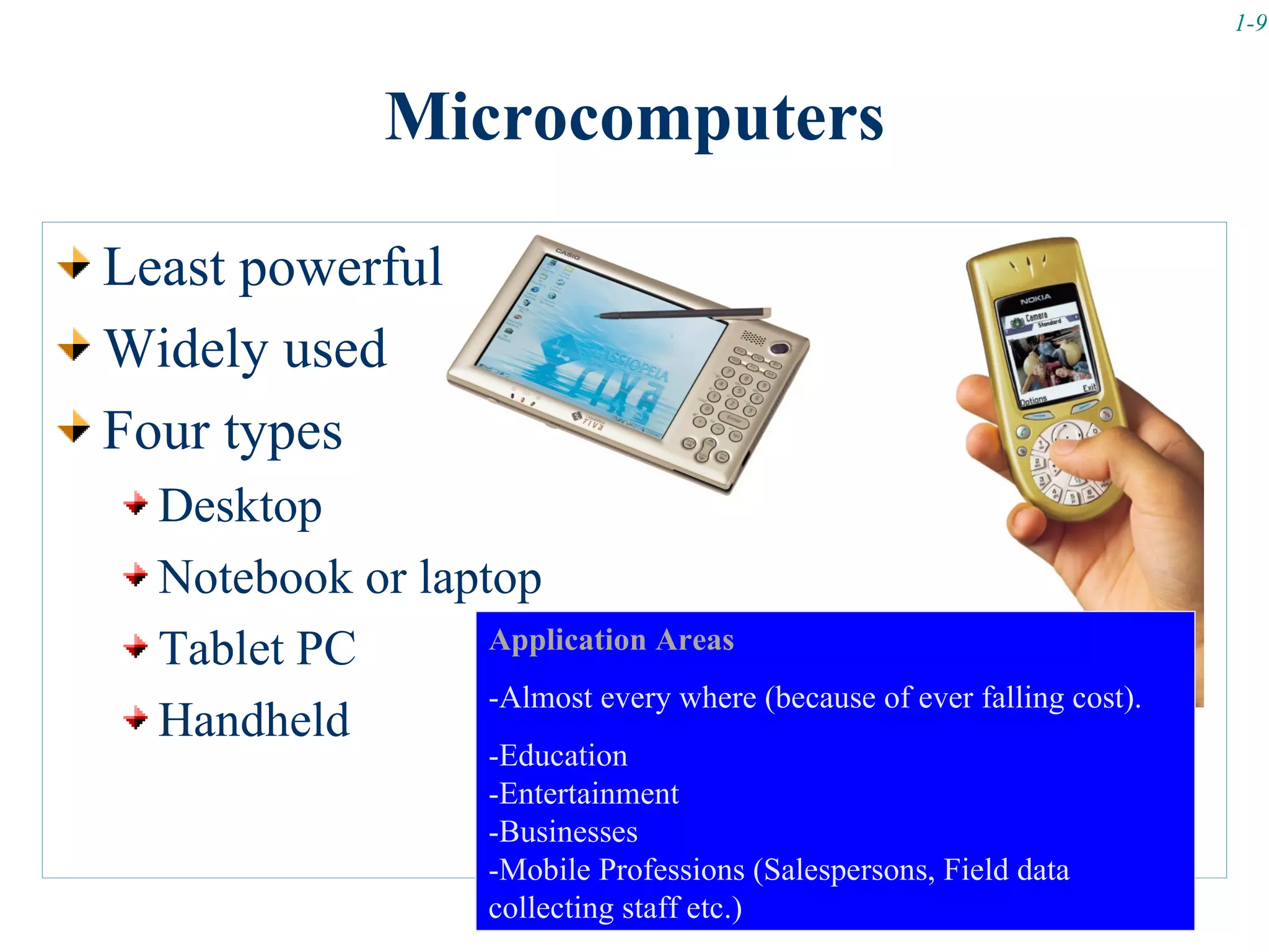 1-9



                 Microcomputers

Least powerful
Widely used
Four types
  Desktop
  Notebook or laptop
  Tablet PC       Application Areas
                  -Almost every where (because of ever falling cost).
  Handheld
                        -Education
                        -Entertainment
                        -Businesses
                        -Mobile Professions (Salespersons, Field data
                        collecting staff etc.)
 