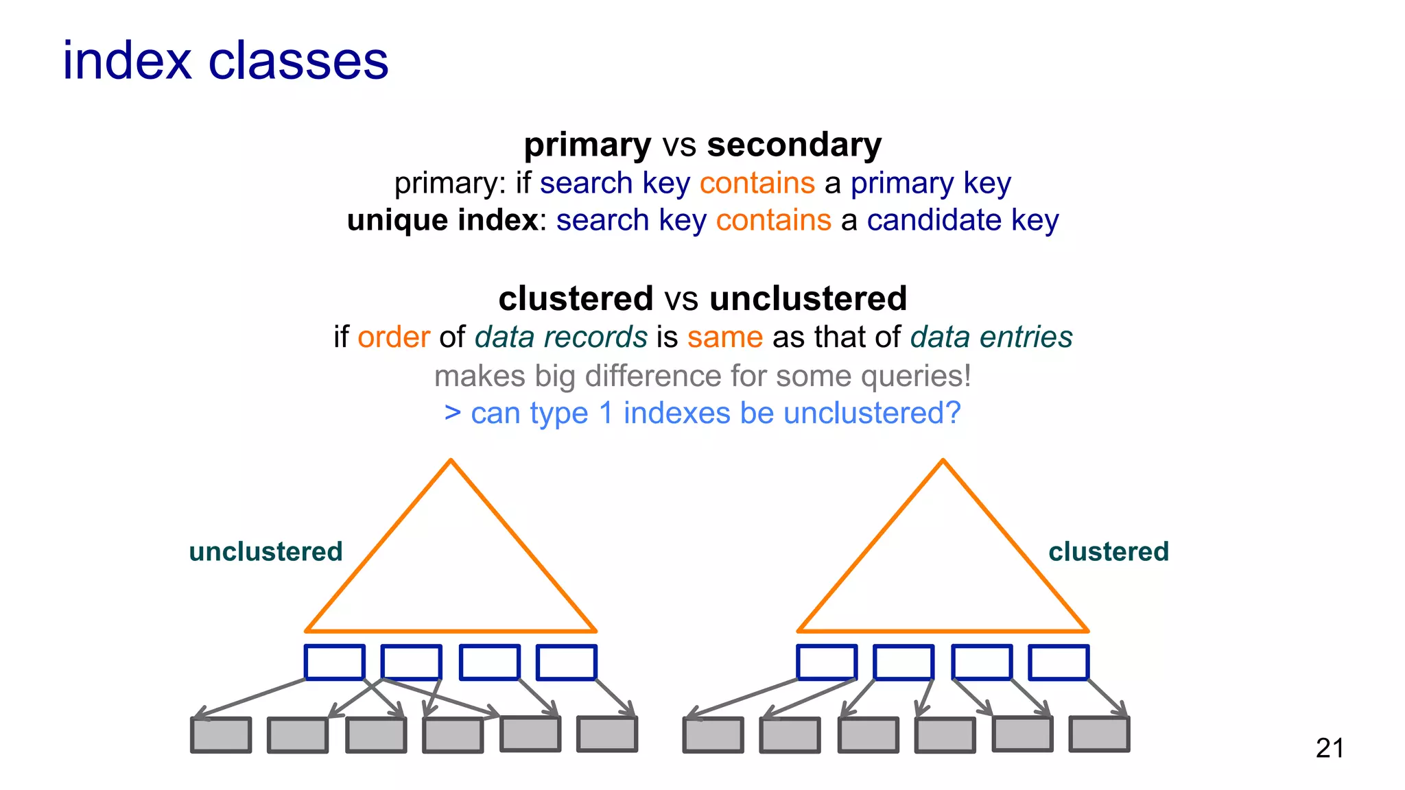 index classes primary vs secondary primary: if search key contains a primary key unique index: search key contains a candidate key clustered vs unclustered if order of data records is same as that of data entries makes big difference for some queries! > can alternative 1 indexes be unclustered? unclustered clustered 21 