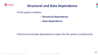 © 2023 Melbourne Institute of Technology. All rights reserved Compiled By: Dr Md Waliur Rahman Miah
Structural and Data Dependence
•A file system exhibits:
—Structural dependence
—Data dependence
•Structural and data dependence makes the file system cumbersome
19
 