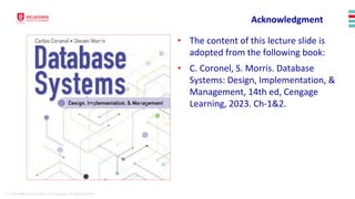 © 2023 Melbourne Institute of Technology. All rights reserved
• The content of this lecture slide is
adopted from the following book:
• C. Coronel, S. Morris. Database
Systems: Design, Implementation, &
Management, 14th ed, Cengage
Learning, 2023. Ch-1&2.
Acknowledgment
 