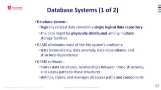 © 2023 Melbourne Institute of Technology. All rights reserved Compiled By: Dr Md Waliur Rahman Miah
Database Systems (1 of 2)
•Database system :
−logically related data stored in a single logical data repository
−the data might be physically distributed among multiple
storage facilities
•DBMS eliminates most of the file system’s problems:
−data inconsistency, data anomaly, data dependence, and
structural dependence
•DBMS software :
−stores data structures, relationships between those structures,
and access paths to those structures
−defines, stores, and manages all access paths and components
22
 