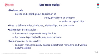 © 2023 Melbourne Institute of Technology. All rights reserved Compiled By: Dr Md Waliur Rahman Miah
•Business rule
— precise and unambiguous description of
— policy, procedure, or principle
— within an organization
•Used to define entities, attributes, relationships, and constraints
•Examples of business rules :
— A customer may generate many invoices
— An invoice is generated by only one customer
•Main sources of business rules:
— company managers, policy makers, department managers, and written
documentation
Business Rules
34
 
