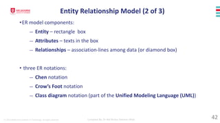 © 2023 Melbourne Institute of Technology. All rights reserved Compiled By: Dr Md Waliur Rahman Miah
•ER model components:
— Entity – rectangle box
— Attributes – texts in the box
— Relationships – association-lines among data (or diamond box)
• three ER notations:
— Chen notation
— Crow’s Foot notation
— Class diagram notation (part of the Unified Modeling Language (UML))
Entity Relationship Model (2 of 3)
42
 