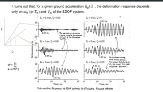 It turns out that, for a given ground acceleration 𝑢𝑔 𝑡 , the deformation response depends
only on 𝜔𝑛 (or 𝑇𝑛) and 𝜉𝑛 of the SDOF system.
D
F
W=
2𝜋
𝑇𝑛
k=mW^2
 