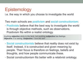 Epistemology
i.e. the way in which you choose to investigate the world
Two main schools are positivism and social constructionism:
• Positivists believe that the best way to investigate the world
is through objective methods, such as observations.
Positivism fits within a realist ontology.
• Social constructionists believe that reality does not exist by
itself. Instead, it is constructed and given meaning by
people. Their focus is therefore on feelings, beliefs and
thoughts, and how people communicate these.
• Social constructionism fits better with a relativist ontology.
Anything objective sticks to the facts, but anything subjective has feelings.
Objective: It is raining. Subjective: I love the rain!
 