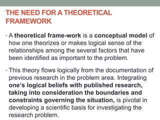 THE NEED FOR A THEORETICAL
FRAMEWORK
• A theoretical frame-work is a conceptual model of
how one theorizes or makes logical sense of the
relationships among the several factors that have
been identified as important to the problem.
• This theory flows logically from the documentation of
previous research in the problem area. Integrating
one‘s logical beliefs with published research,
taking into consideration the boundaries and
constraints governing the situation, is pivotal in
developing a scientific basis for investigating the
research problem.
 