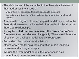 • The elaboration of the variables in the theoretical framework
thus addresses the issues of
• why or how we expect certain relationships to exist, and
• the nature and direction of the relationships among the variables of
interest.
• A schematic diagram of the conceptual model described in the
theoretical framework will also help the reader to visualize the
theorized relationships.
• It may be noted that we have used the terms theoretical
framework and model interchangeably. There are differences
of opinion as to what a model actually represents.
• Some describe models as simulations;
• others view a model as a representation of relationships
between and among concepts.
• We use the term model here in the latter sense as a
conceptual scheme connecting concepts.
 