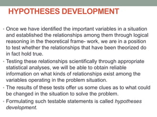 HYPOTHESES DEVELOPMENT
• Once we have identified the important variables in a situation
and established the relationships among them through logical
reasoning in the theoretical frame- work, we are in a position
to test whether the relationships that have been theorized do
in fact hold true.
• Testing these relationships scientifically through appropriate
statistical analyses, we will be able to obtain reliable
information on what kinds of relationships exist among the
variables operating in the problem situation.
• The results of these tests offer us some clues as to what could
be changed in the situation to solve the problem.
• Formulating such testable statements is called hypotheses
development.
 