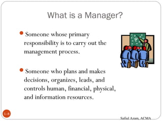 What is a Manager?
1–8
Someone whose primary
responsibility is to carry out the
management process.
Someone who plans and makes
decisions, organizes, leads, and
controls human, financial, physical,
and information resources.
Safiul Azam, ACMA
 