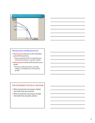 Figure 3. A Shift in the Production Possibilities Frontier

Quantity of
Computers
 Produced

     4,000



     3,000


     2,100                       E
     2,000
                             A




         0                 700 750   1,000      Quantity of
                                             Cars Produced




Microeconomics and Macroeconomics

• Microeconomics focuses on the individual
   parts of the economy.
    • How households and firms make decisions
      and how they interact in specific markets
• Macroeconomics looks at the economy as a
   whole.
    • Economy-wide phenomena, including
      inflation, unemployment, and economic
      growth




THE ECONOMIST AS POLICY ADVISOR
• When economists are trying to explain
  the world, they are scientists.
• When economists are trying to change
  the world, they are policy advisor.




                                                               12
 