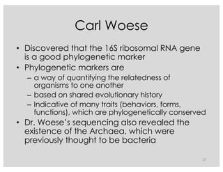 Carl Woese
• Discovered that the 16S ribosomal RNA gene
is a good phylogenetic marker
• Phylogenetic markers are
– a way of quantifying the relatedness of
organisms to one another
– based on shared evolutionary history
– Indicative of many traits (behaviors, forms,
functions), which are phylogenetically conserved
• Dr. Woese’s sequencing also revealed the
existence of the Archaea, which were
previously thought to be bacteria
37
 