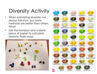 Diversity Activity
• When estimating diversity, we
always fall short, but some
methods are better than others.
Why?
• Use the handout and a blank
piece of paper to calculate
diversity three ways.
44
 