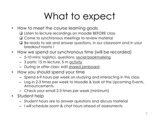 What to expect
• How to meet the course learning goals
q Listen to lecture recordings on moodle BEFORE class
q Come to synchronous meetings to review material
q Be ready to ask and answer questions, in our classroom and in your
breakout rooms !
• How we spend our synchronous time (will be recorded)
– 5-10 mins: logistics, questions, social bookmarking
– 3 parts: 15 m lecture, 5 m activity
– During or after class: edit shared jamboard
• How you should spend your time
– Spend 6-9 hours per week on studying and interacting in this class
– Log in 2-3 times per week to Moodle & look at the Upcoming Events,
Announcements
– Check your email 2-3 times per week (minimum)
• Student help
– Student hours are to answer questions and discuss material
– I will schedule zoom & chat hours ahead of assessments
8
 