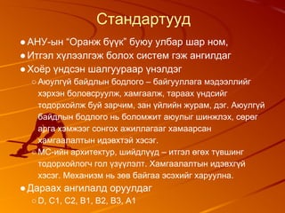 Стандартууд
●АНУ-ын “Оранж бүүк” буюу улбар шар ном,
●Итгэл хүлээлгэж болох систем гэж ангилдаг
●Хоёр үндсэн шалгуураар үнэлдэг
○ Аюулгүй байдлын бодлого – байгууллага мэдээллийг
хэрхэн боловсруулж, хамгаалж, тараах үндсийг
тодорхойлж буй зарчим, зан үйлийн журам, дэг. Аюулгүй
байдлын бодлого нь боломжит аюулыг шинжлэх, сөрөг
арга хэмжээг сонгох ажиллагааг хамаарсан
хамгаалалтын идэвхтэй хэсэг.
○ МС-ийн архитектур, шийдлүүд – итгэл өгөх түвшинг
тодорхойлогч гол үзүүлэлт. Хамгаалалтын идэвхгүй
хэсэг. Механизм нь зөв байгаа эсэхийг харуулна.
●Дараах ангилалд оруулдаг
○ D, C1, C2, B1, B2, B3, A1
 
