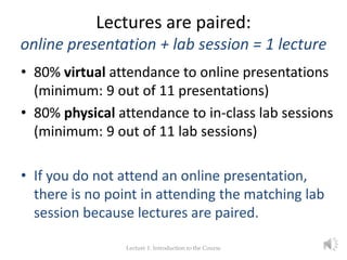 Lectures are paired:
online presentation + lab session = 1 lecture
• 80% virtual attendance to online presentations
(minim...