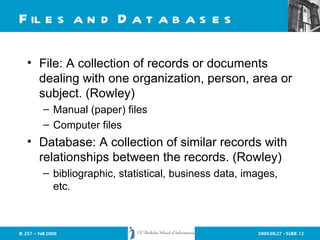 Files and Databases File: A collection of records or documents dealing with one organization, person, area or subject. (Rowley) Manual (paper) files Computer files Database: A collection of similar records with relationships between the records. (Rowley) bibliographic, statistical, business data, images, etc. 