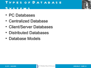 Types of Database Systems PC Databases Centralized Database Client/Server Databases Distributed Databases Database Models 