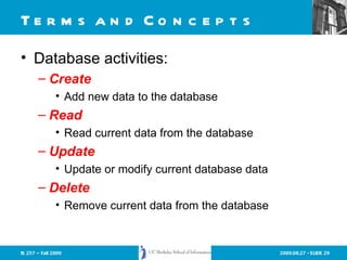 Terms and Concepts Database activities: Create Add new data to the database Read Read current data from the database Update Update or modify current database data Delete Remove current data from the database 