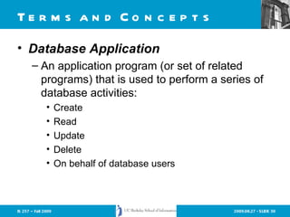 Terms and Concepts Database Application An application program (or set of related programs) that is used to perform a series of database activities: Create Read Update Delete On behalf of database users 