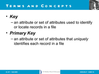 Terms and Concepts Key an attribute or set of attributes used to identify or locate records in a file Primary Key an attribute or set of attributes that  uniquely  identifies each record in a file 