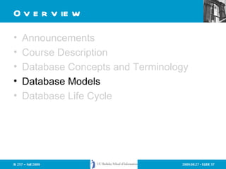 Overview Announcements Course Description Database Concepts and Terminology Database Models Database Life Cycle 