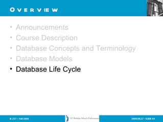 Overview Announcements Course Description Database Concepts and Terminology Database Models Database Life Cycle 