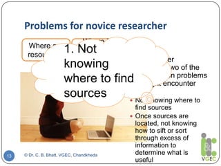 Problems for novice researcher
© Dr. C. B. Bhatt, VGEC, Chandkheda13
 As a beginner
researcher, two of the
most common pr...