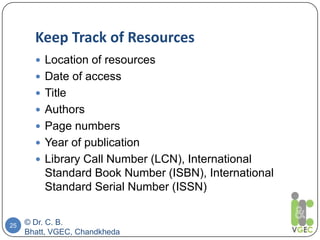 Keep Track of Resources
© Dr. C. B.
Bhatt, VGEC, Chandkheda
25
 Location of resources
 Date of access
 Title
 Authors
...