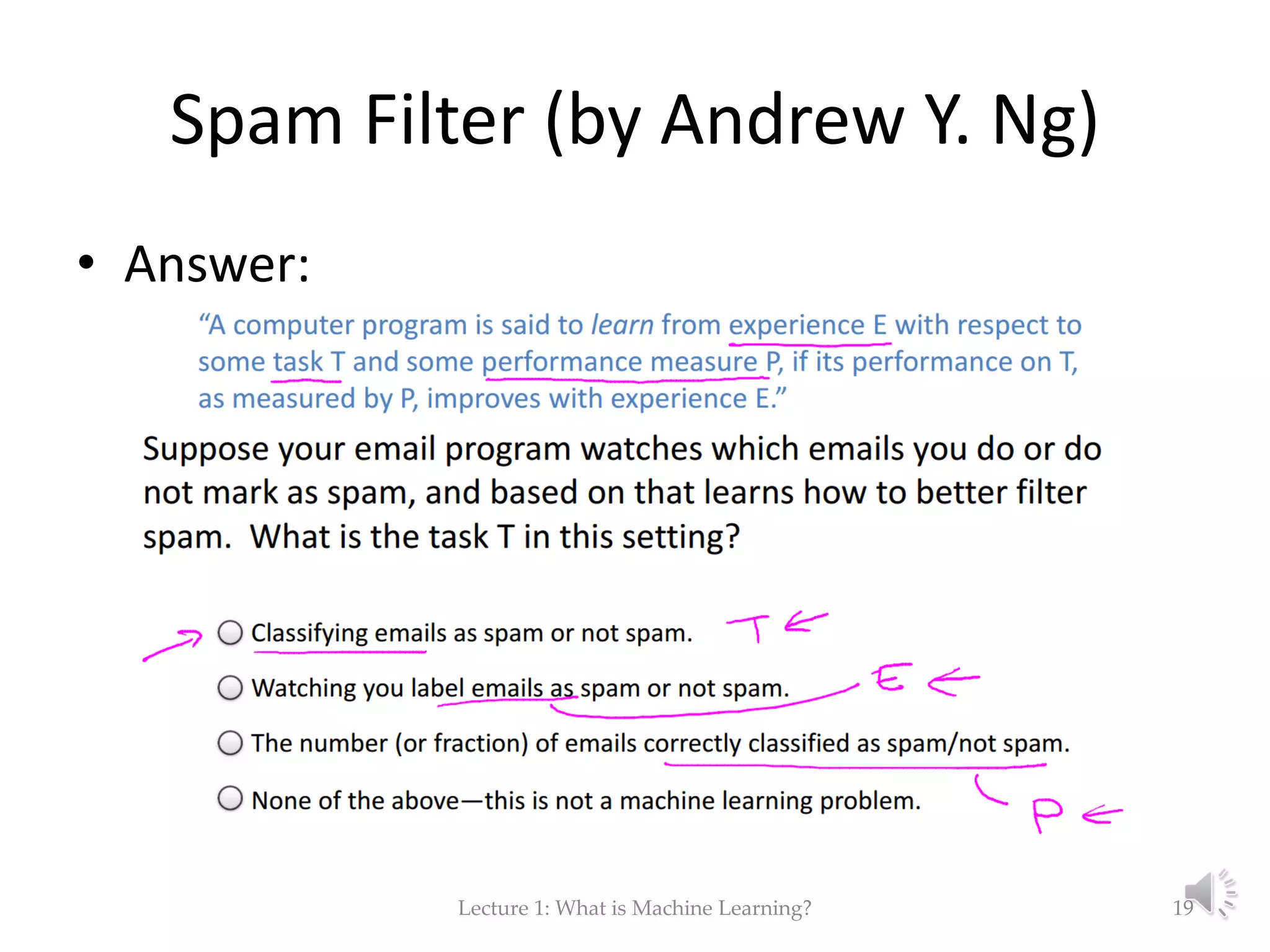 Spam Filter (by Andrew Y. Ng) • Answer: Lecture 1: What is Machine Learning? 19 